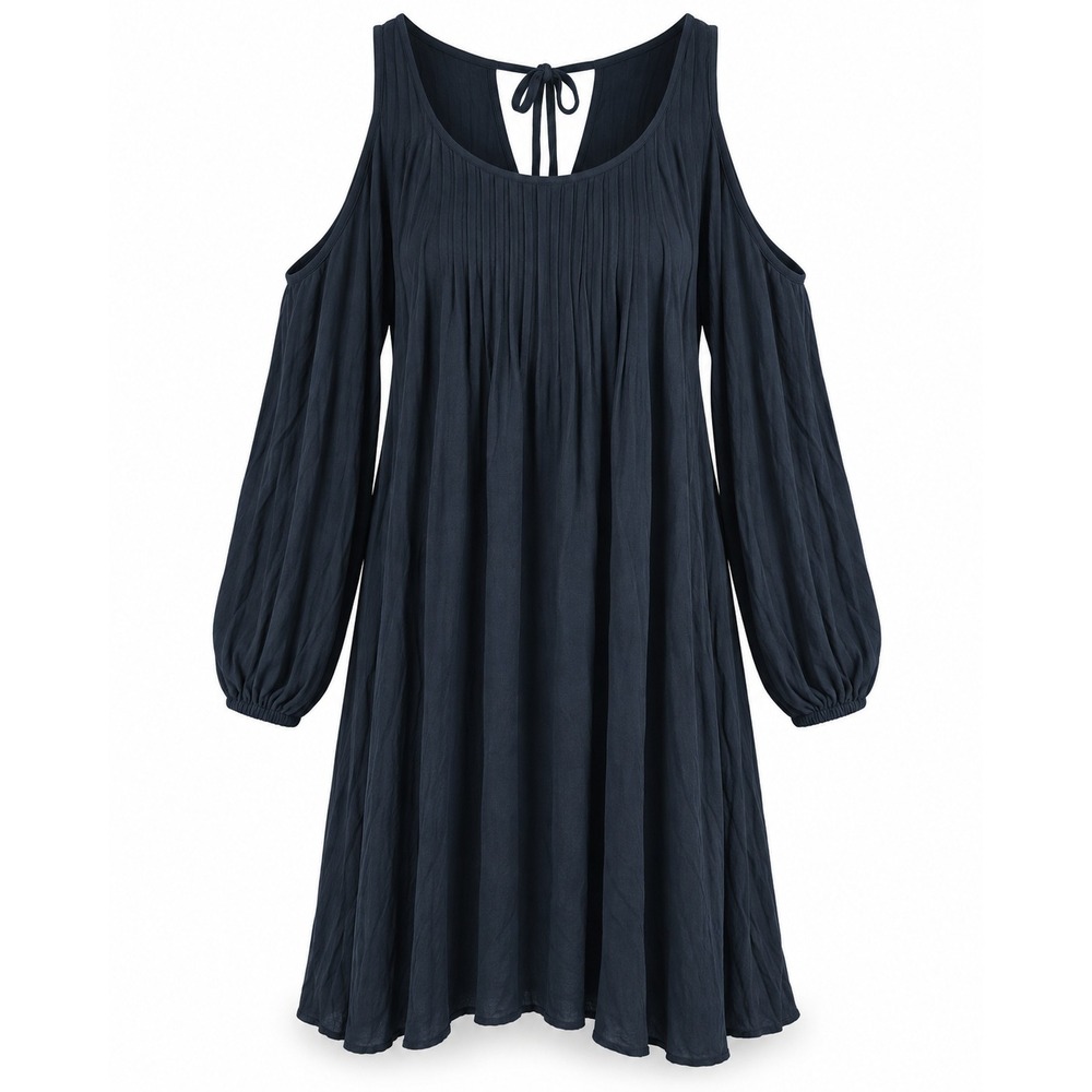 Dark Teal Cold Shoulder Pintuck Tie Back Long Sleeve Boho Mini Dress